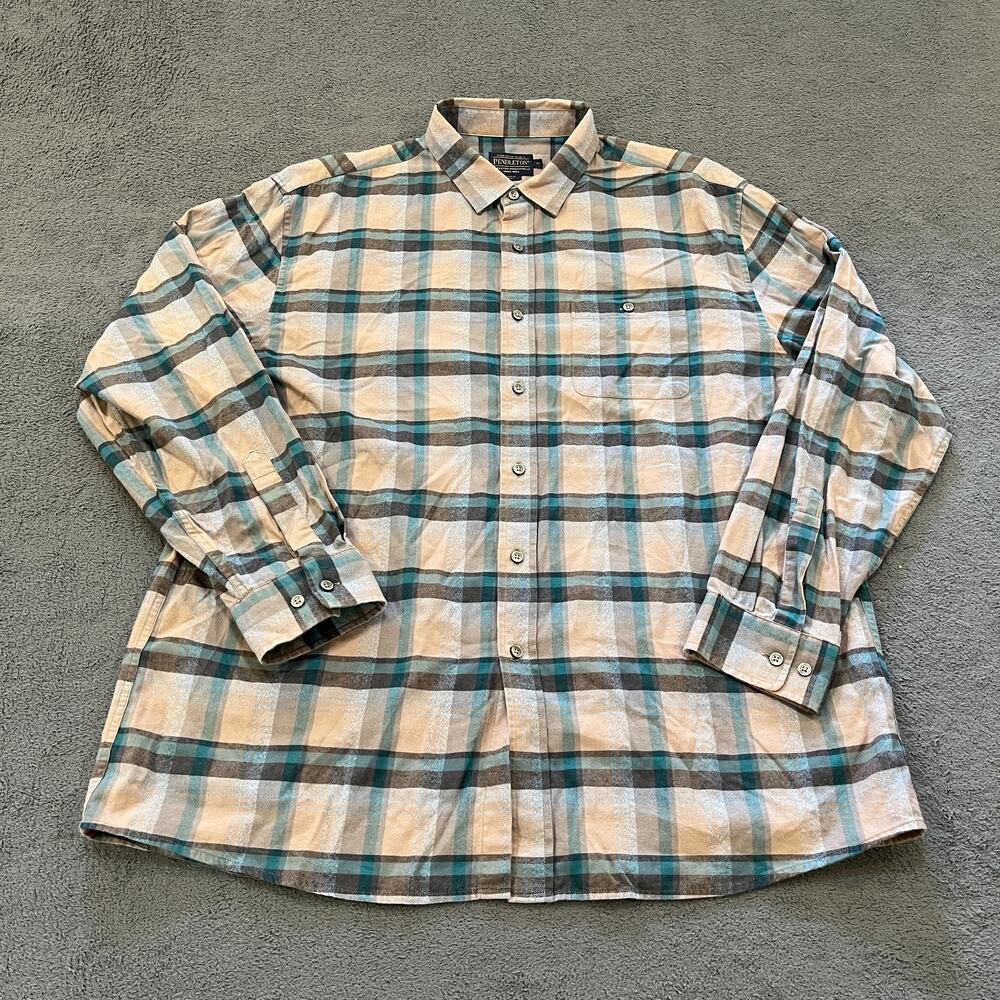 Pendleton Beige Green Black Plaid Long Sleeve Button Down Shirt Men's Size XL